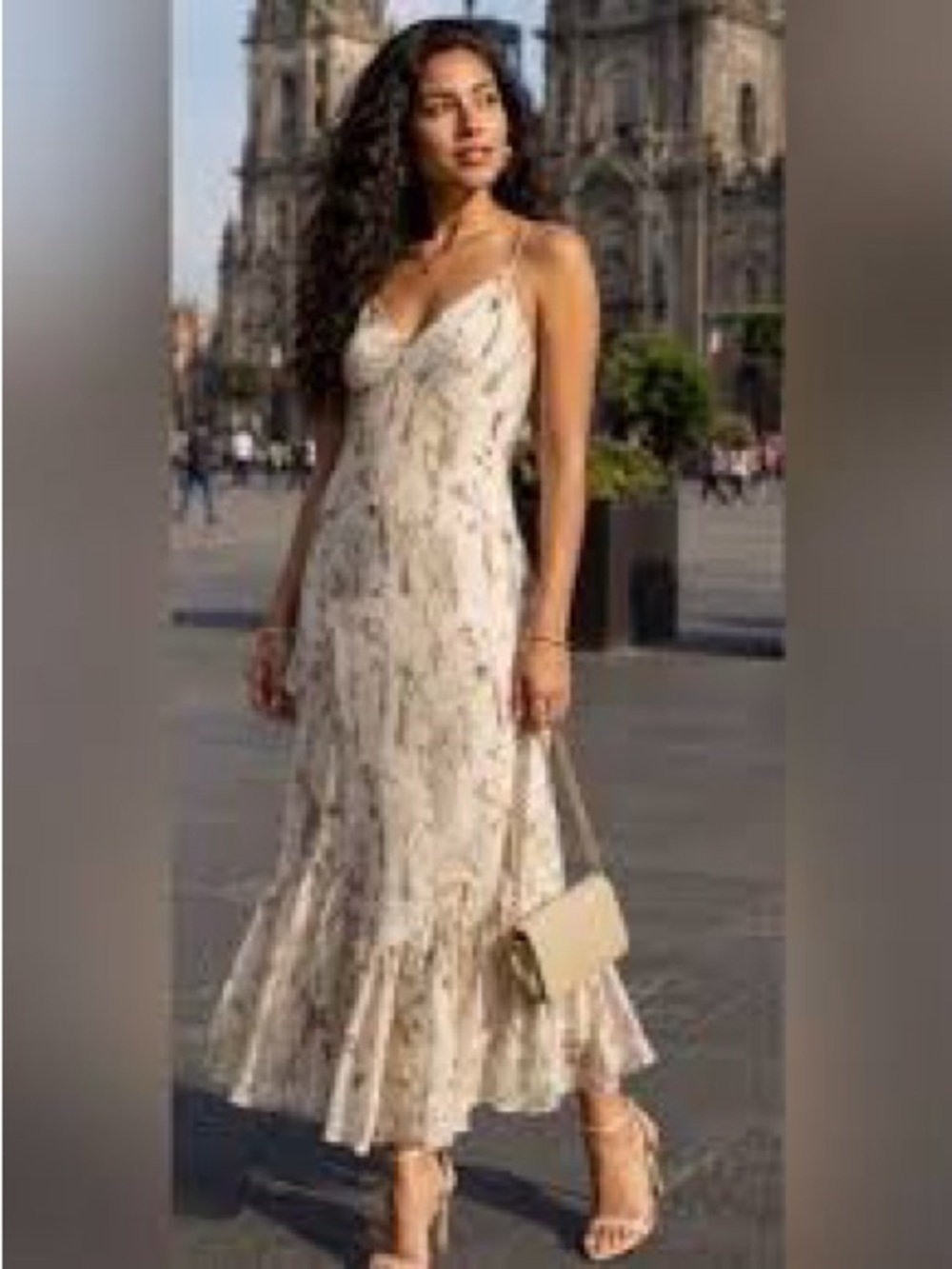 STORIA Cream Floral Slip Midi Maxi Dress Ruffle Boho Party Flowy Sundress L NWT